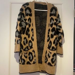 M&S Tan Cheetah Print Chunky Knit Open Cardigan, Size Small
